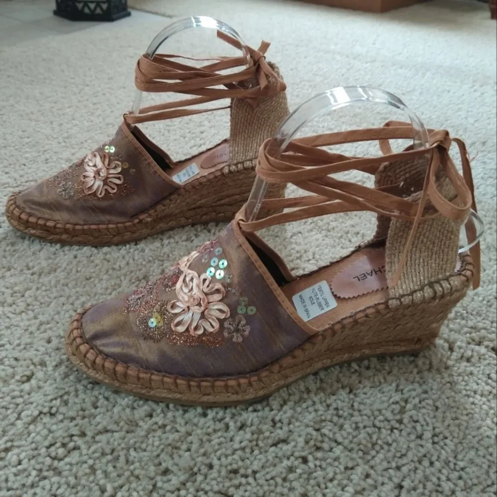Eric Michael Espadrille Wrap Sandal Boho Ribbon Sequin Size EU 40 9 1/2